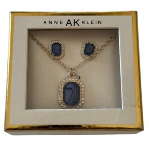 Anne Klein Women's Gold Tone Blue Stone Necklace and Earring Set